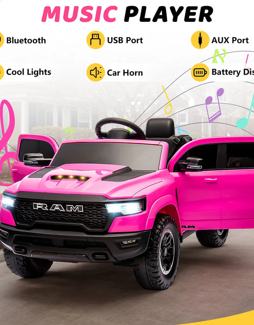 Load image into Gallery viewer, RAM 1500 Ride on Car Toy for Kids, 12V Powered Ride on Truck Toy with Remote Control, 4 Wheel Suspension, Safety Belt, Music, Bluetooth, LED Lights, Electric Cars for 3-5 Yrs Boy Girl, Pink

