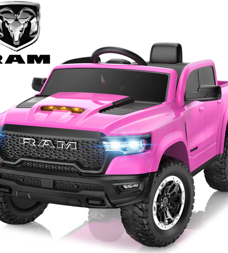RAM 1500 Ride on Car Toy for Kids, 12V Powered Ride on Truck Toy with Remote Control, 4 Wheel Suspension, Safety Belt, Music, Bluetooth, LED Lights, Electric Cars for 3-5 Yrs Boy Girl, Pink