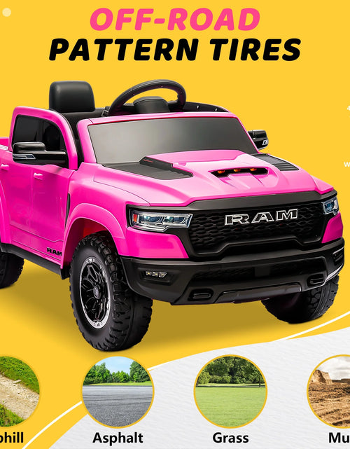 Load image into Gallery viewer, RAM 1500 Ride on Car Toy for Kids, 12V Powered Ride on Truck Toy with Remote Control, 4 Wheel Suspension, Safety Belt, Music, Bluetooth, LED Lights, Electric Cars for 3-5 Yrs Boy Girl, Pink
