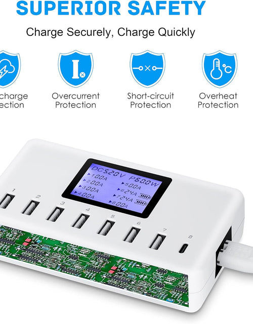 Load image into Gallery viewer, 60W 12A 8-Port USB Charging Station - Multi Port USB Hub Charger with LCD Display - Compatible with Iphone, Ipad, Samsung, Kindle, Tablet, Bluetooth Earbuds and More

