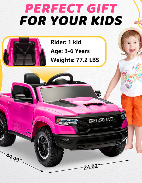 Load image into Gallery viewer, RAM 1500 Ride on Car Toy for Kids, 12V Powered Ride on Truck Toy with Remote Control, 4 Wheel Suspension, Safety Belt, Music, Bluetooth, LED Lights, Electric Cars for 3-5 Yrs Boy Girl, Pink
