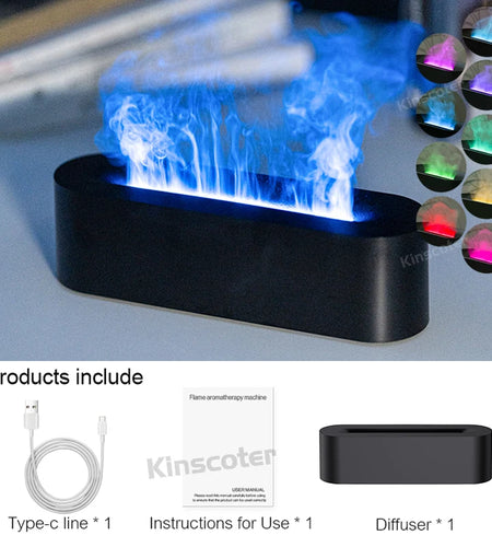 KINSCOTER Essential Oil Aroma Diffuser Flame Air Humidifier Ultrasonic Cool Mist Difusor with RGB Realistic Fire Night Light