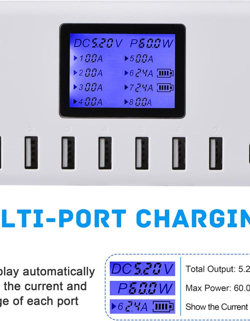 Load image into Gallery viewer, 60W 12A 8-Port USB Charging Station - Multi Port USB Hub Charger with LCD Display - Compatible with Iphone, Ipad, Samsung, Kindle, Tablet, Bluetooth Earbuds and More
